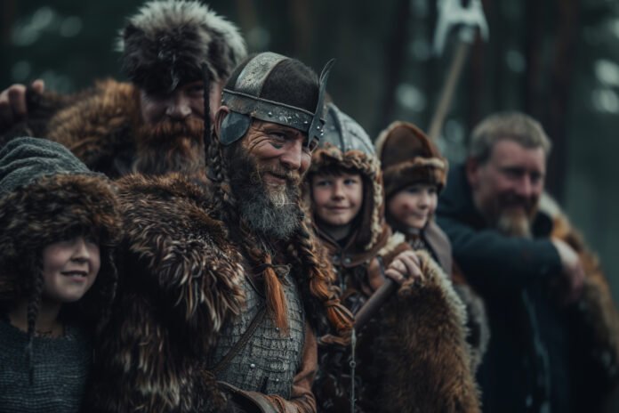 Grupo de vikings sorrindo, vestidos com roupas tradicionais de pele e couro, com crianças e adultos em ambiente ao ar livre.