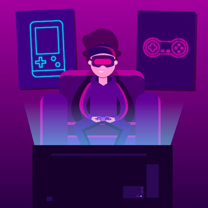 Jovem jogando videogame com headset de realidade virtual em um ambiente neon.