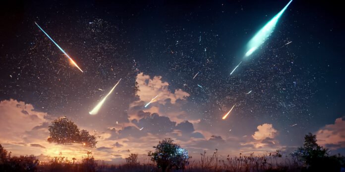 Chuvas de meteoros riscando o céu noturno sobre uma paisagem com nuvens e árvores.