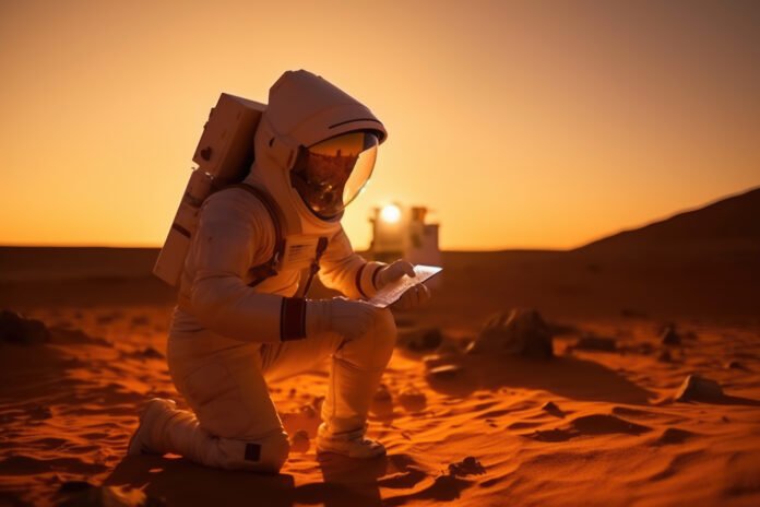 Astronauta explorando a superfície de Marte ao pôr do sol