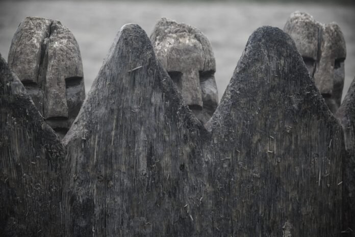 Esculturas de pedra antigas esculpidas em formato de rostos enigmáticos com expressões misteriosas, cercadas por texturas de madeira desgastada.