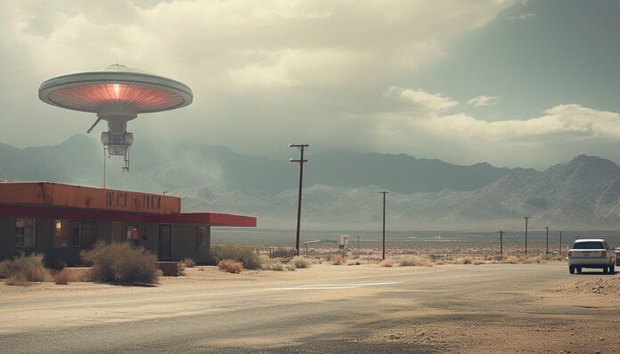 Disco voador pairando sobre uma construção no deserto próximo à Área 51.