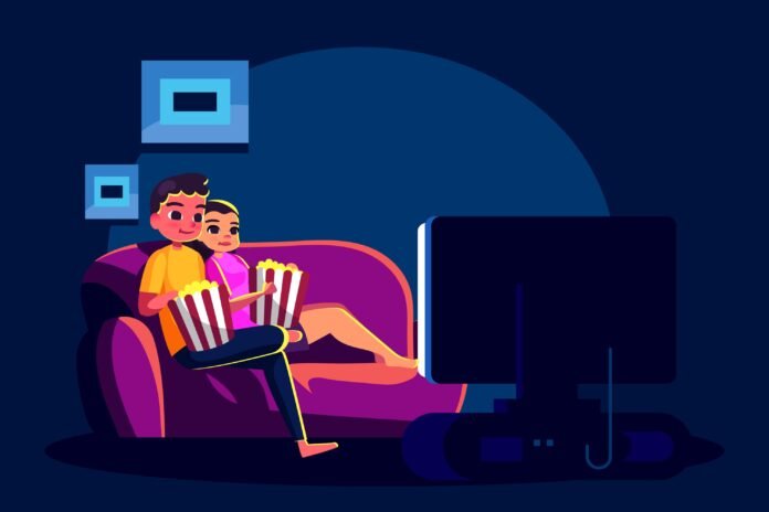 Ilustração de um casal assistindo filmes em casa com pipoca, representando a experiência de streaming vs. cinema.