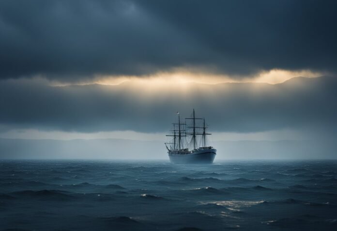 Navio antigo navegando em mar aberto sob céu nublado e raios de sol, representando aventura e mistério