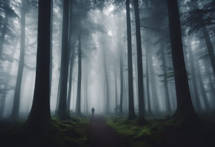 Figura solitária caminhando em uma floresta escura e nebulosa, criando uma atmosfera de mistério e suspense