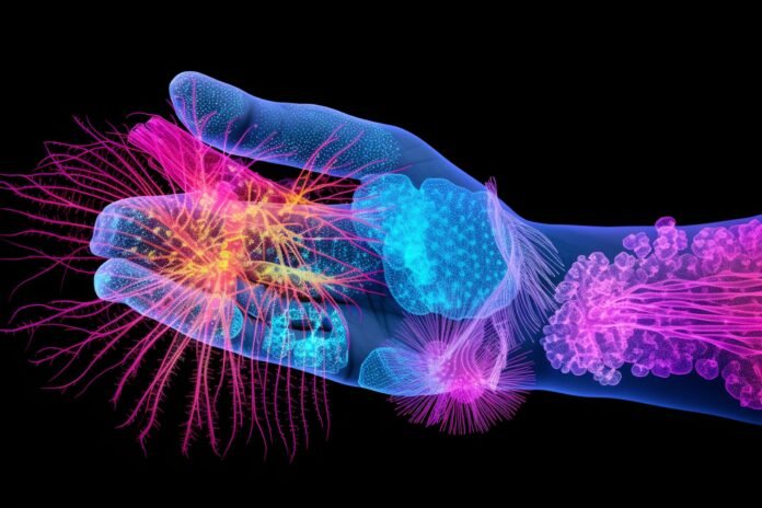 Visualização artística de organismos artificiais criados pela biologia sintética.