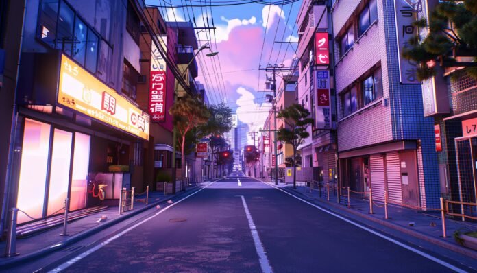 Rua urbana iluminada em estilo anime com luzes de neon e edifícios coloridos ao entardecer, representando a estética vibrante da cultura japonesa.