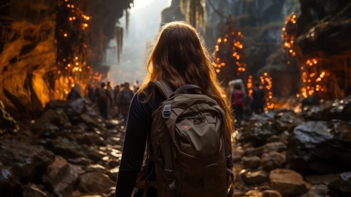 Mulher com mochila explora uma caverna iluminada por luzes vibrantes, com um grupo de pessoas ao fundo.