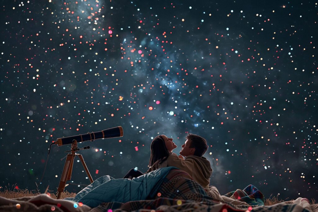 Casal observando as estrelas com um telescópio em uma noite estrelada, cercados por cobertores, representando conexão e fascínio pelo universo.