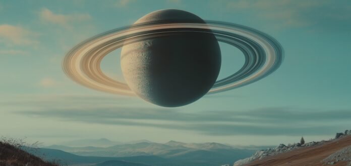 Visual deslumbrante dos anéis de Saturno pairando sobre uma paisagem terrestre.