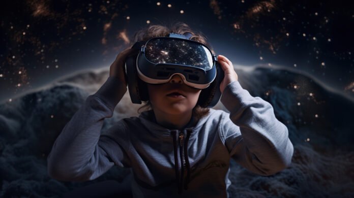 Criança usando óculos de realidade virtual, explorando uma simulação de espaço sideral com estrelas brilhando ao fundo.