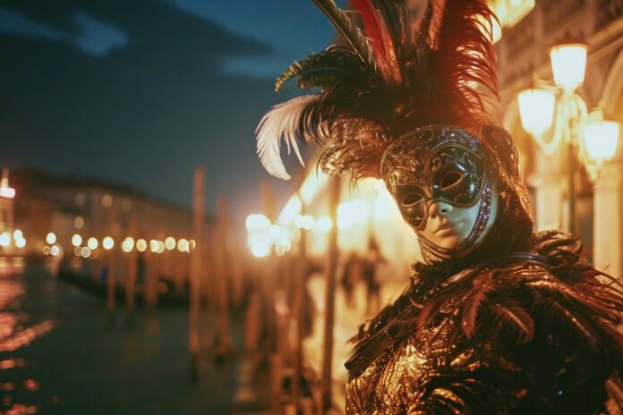 Pessoa usando uma máscara veneziana luxuosa com plumas, em uma noite iluminada do Carnaval de Veneza.