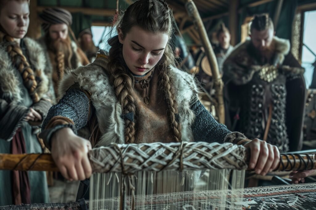 Jovem celta tecendo em um tear tradicional, vestida com roupas de pele e lã, cercada por outros membros de sua comunidade.