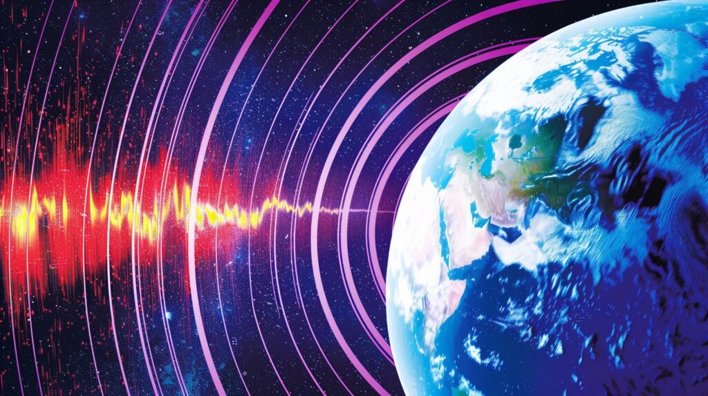 Representação artística dos pulsos rápidos de rádio do espaço profundo chegando à Terra, com ondas de luz vibrantes.