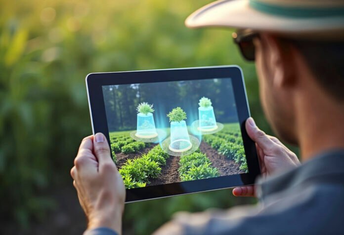 Agricultor utilizando tablet com hologramas de plantas em campo agrícola, representando sistemas autônomos na agricultura.