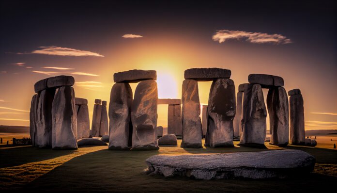 Stonehenge ao entardecer, com o sol alinhado entre as pedras do monumento.