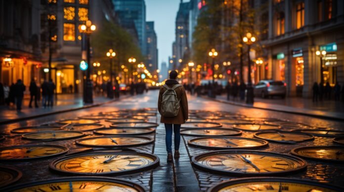 Pessoa caminhando em uma rua iluminada cercada por relógios gigantes no chão, simbolizando o conceito de viagem no tempo.