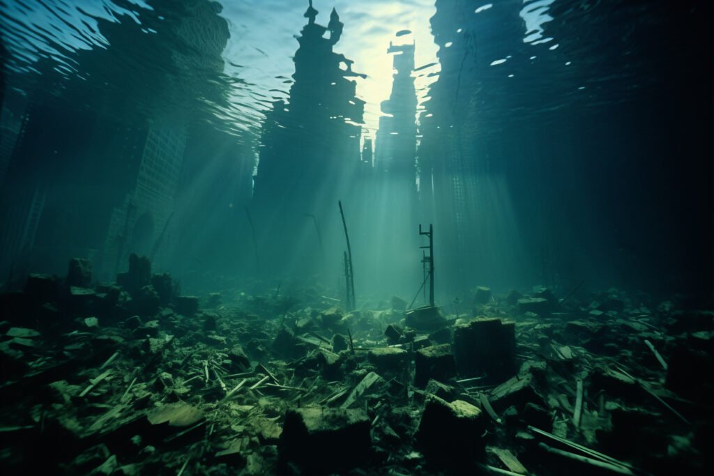 Estrutura submersa de Yonaguni, destacando ruínas misteriosas iluminadas pela luz do sol.