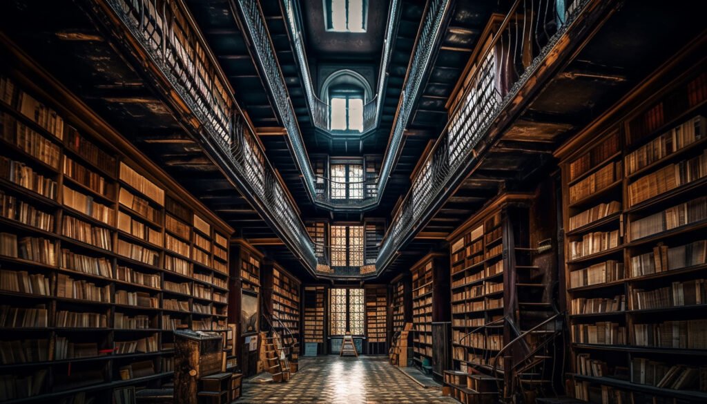 Interior de uma biblioteca histórica com arquitetura imponente e estantes repletas de livros antigos.