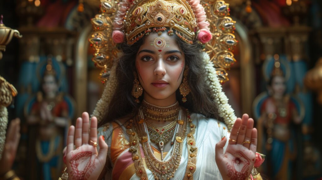 Retrato de uma jovem representando uma deusa hindu, com ornamentos tradicionais e expressão serena, simbolizando a riqueza espiritual da mitologia hindu.