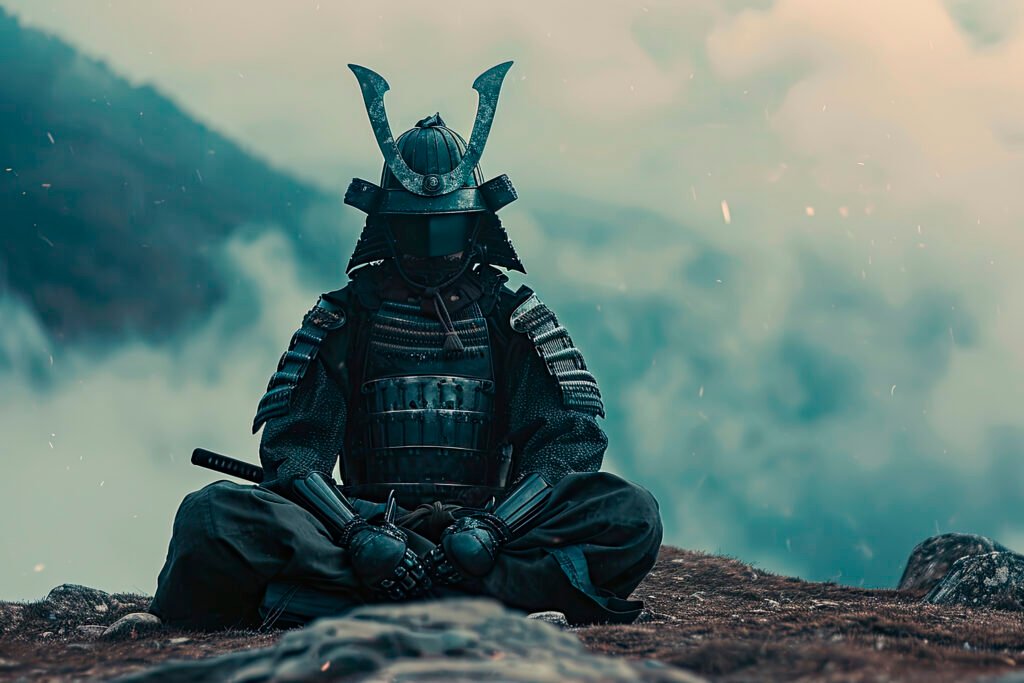 Samurai meditando em uma paisagem montanhosa com névoa, simbolizando os códigos de honra e a espiritualidade da cultura japonesa.