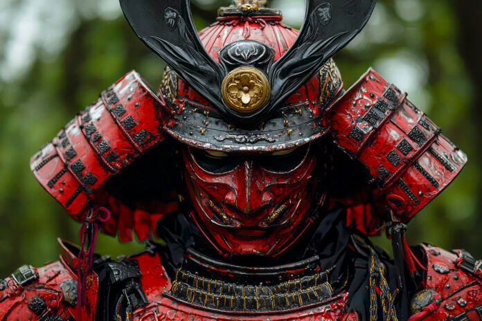 Armadura de um samurai japonês em vermelho com detalhes em preto, representando o legado e os códigos de honra da cultura japonesa.