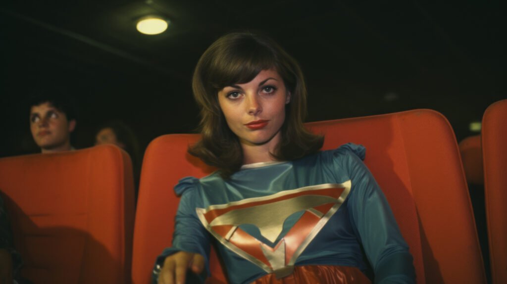 Mulher vestida como super-heroína sentada em uma poltrona de cinema.