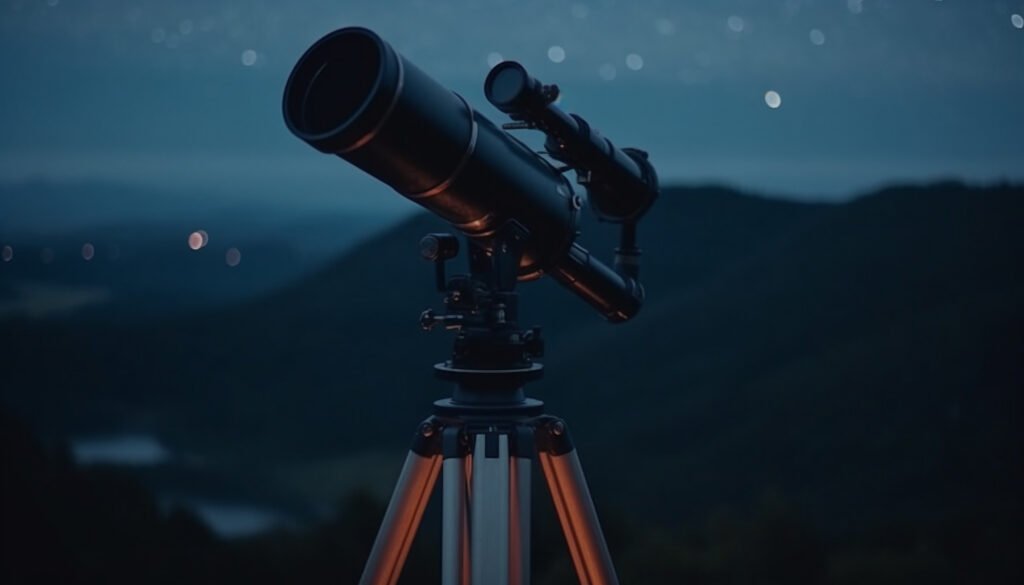 Telescópio apontado para o céu noturno em uma paisagem montanhosa.